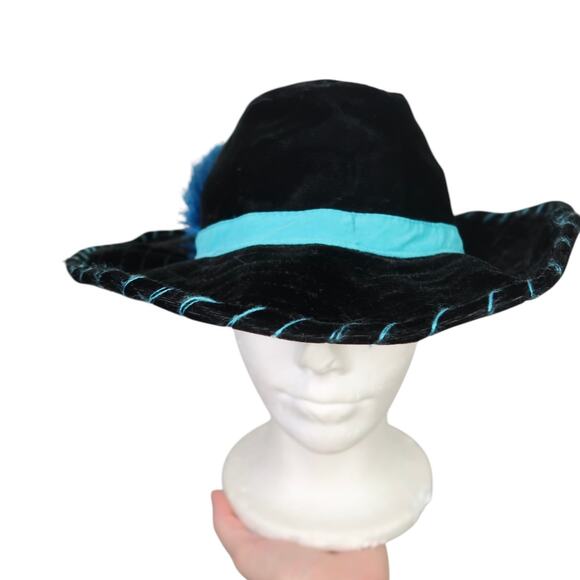 Vintage black velvet wide brim western hat with blue feather - Picture 2 of 8